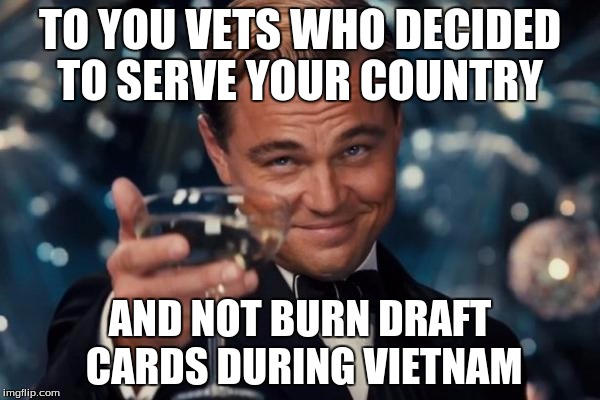 Leonardo Dicaprio Cheers | TO YOU VETS WHO DECIDED TO SERVE YOUR COUNTRY; AND NOT BURN DRAFT CARDS DURING VIETNAM | image tagged in memes,leonardo dicaprio cheers | made w/ Imgflip meme maker