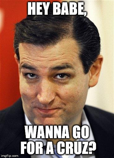 Bashful Ted Cruz | HEY BABE, WANNA GO FOR A CRUZ? | image tagged in bashful ted cruz | made w/ Imgflip meme maker