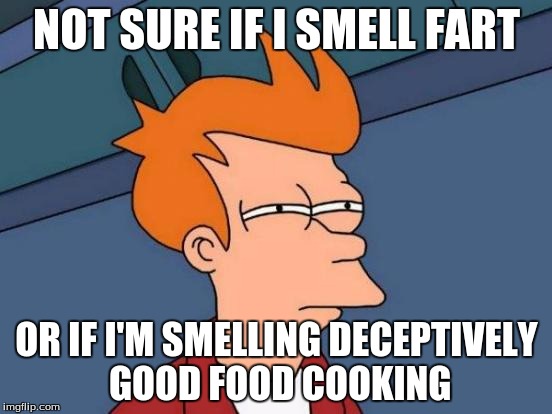 Futurama Fry Meme | NOT SURE IF I SMELL FART; OR IF I'M SMELLING DECEPTIVELY GOOD FOOD COOKING | image tagged in memes,futurama fry | made w/ Imgflip meme maker