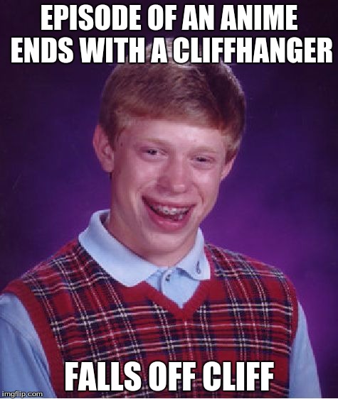 Bad Luck Brian Meme | EPISODE OF AN ANIME ENDS WITH A CLIFFHANGER; FALLS OFF CLIFF | image tagged in memes,bad luck brian | made w/ Imgflip meme maker