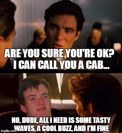 Inception X | ARE YOU SURE YOU'RE OK?  I CAN CALL YOU A CAB... NO, DUDE, ALL I NEED IS SOME TASTY WAVES, A COOL BUZZ, AND I'M FINE | image tagged in inception x,memes,di caprio inception,inception,sean penn,custom template | made w/ Imgflip meme maker