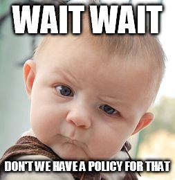 Skeptical Baby | WAIT WAIT; DON'T WE HAVE A POLICY FOR THAT | image tagged in memes,skeptical baby | made w/ Imgflip meme maker
