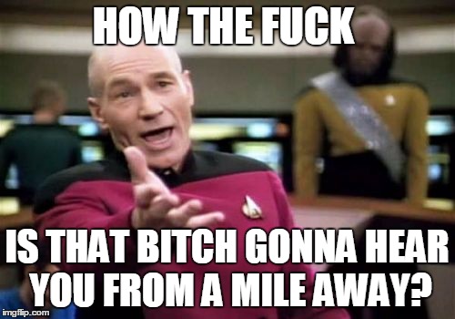 Picard Wtf Meme | HOW THE F**K IS THAT B**CH GONNA HEAR YOU FROM A MILE AWAY? | image tagged in memes,picard wtf | made w/ Imgflip meme maker