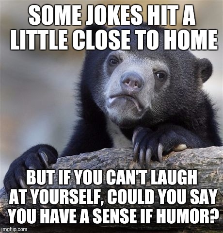 Confession Bear Meme | SOME JOKES HIT A LITTLE CLOSE TO HOME; BUT IF YOU CAN'T LAUGH AT YOURSELF, COULD YOU SAY YOU HAVE A SENSE IF HUMOR? | image tagged in memes,confession bear | made w/ Imgflip meme maker