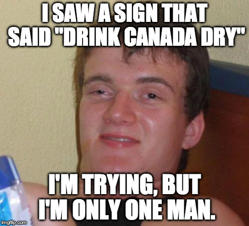 10 Guy Meme | I SAW A SIGN THAT SAID "DRINK CANADA DRY"; I'M TRYING, BUT I'M ONLY ONE MAN. | image tagged in memes,10 guy | made w/ Imgflip meme maker