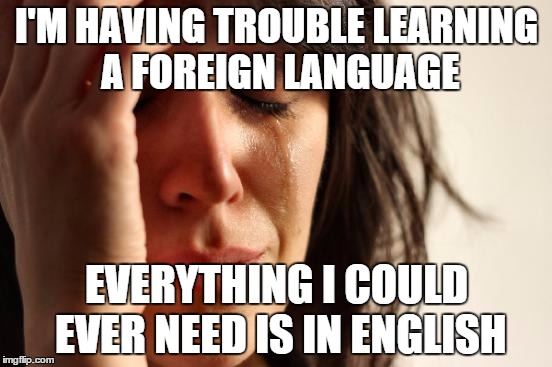 First World Problems Meme | I'M HAVING TROUBLE LEARNING A FOREIGN LANGUAGE; EVERYTHING I COULD EVER NEED IS IN ENGLISH | image tagged in memes,first world problems | made w/ Imgflip meme maker
