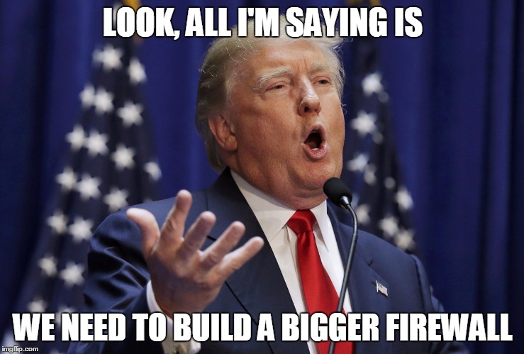 Preaching Donald Trump | LOOK, ALL I'M SAYING IS; WE NEED TO BUILD A BIGGER FIREWALL | image tagged in preaching donald trump | made w/ Imgflip meme maker