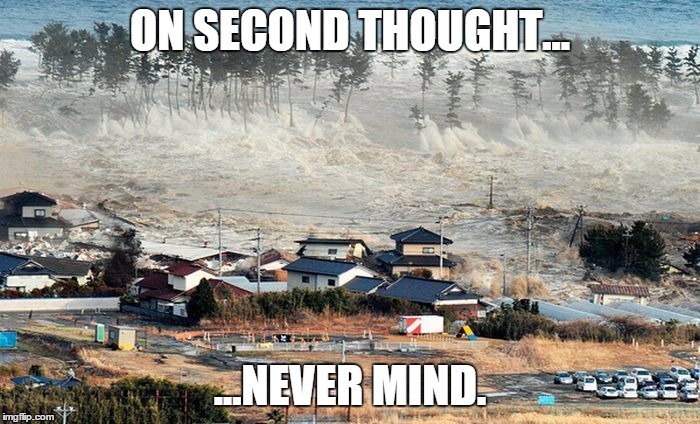 Tsunami | ON SECOND THOUGHT... ...NEVER MIND. | image tagged in tsunami,sarcasm,japan,earthquake | made w/ Imgflip meme maker