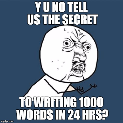 Y U No Meme | Y U NO TELL US THE SECRET TO WRITING 1000 WORDS IN 24 HRS? | image tagged in memes,y u no | made w/ Imgflip meme maker