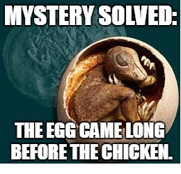 MYSTERY SOLVED:; THE EGG CAME LONG BEFORE THE CHICKEN. | image tagged in dinosaur,science | made w/ Imgflip meme maker