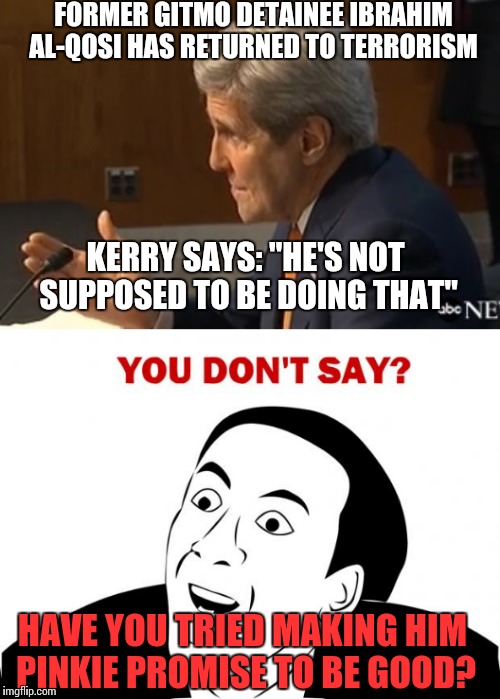 Im just shocked i tell ya! | FORMER GITMO DETAINEE IBRAHIM AL-QOSI HAS RETURNED TO TERRORISM; KERRY SAYS: "HE'S NOT SUPPOSED TO BE DOING THAT"; HAVE YOU TRIED MAKING HIM PINKIE PROMISE TO BE GOOD? | image tagged in memes,terrorists,john kerry,stupid,you dont say | made w/ Imgflip meme maker
