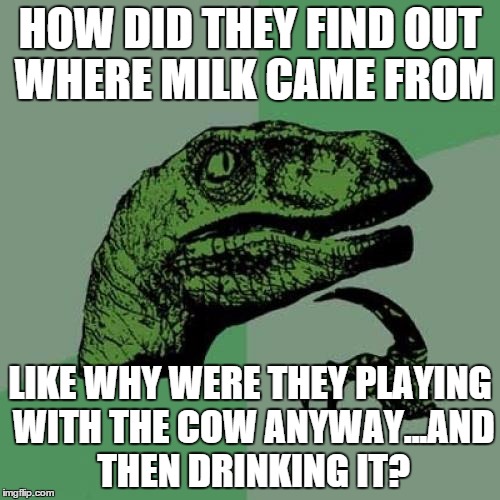 Philosoraptor Meme | HOW DID THEY FIND OUT WHERE MILK CAME FROM; LIKE WHY WERE THEY PLAYING WITH THE COW ANYWAY...AND THEN DRINKING IT? | image tagged in memes,philosoraptor | made w/ Imgflip meme maker