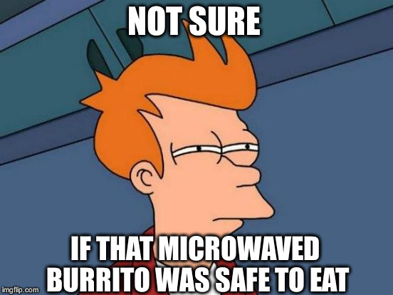 Futurama Fry Meme | NOT SURE; IF THAT MICROWAVED BURRITO WAS SAFE TO EAT | image tagged in memes,futurama fry | made w/ Imgflip meme maker