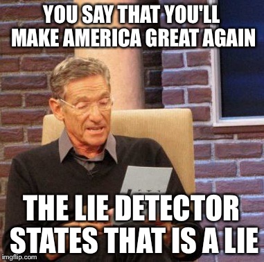 Maury Lie Detector Meme | YOU SAY THAT YOU'LL MAKE AMERICA GREAT AGAIN; THE LIE DETECTOR STATES THAT IS A LIE | image tagged in memes,maury lie detector | made w/ Imgflip meme maker
