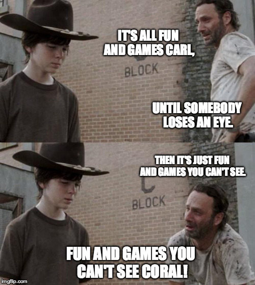 Rick and Carl | IT'S ALL FUN AND GAMES CARL, UNTIL SOMEBODY LOSES AN EYE. THEN IT'S JUST FUN AND GAMES YOU CAN'T SEE. FUN AND GAMES YOU CAN'T SEE CORAL! | image tagged in memes,rick and carl | made w/ Imgflip meme maker