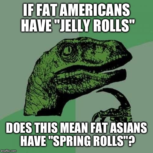 Philosoraptor Meme | IF FAT AMERICANS HAVE "JELLY ROLLS" DOES THIS MEAN FAT ASIANS HAVE "SPRING ROLLS"? | image tagged in memes,philosoraptor | made w/ Imgflip meme maker