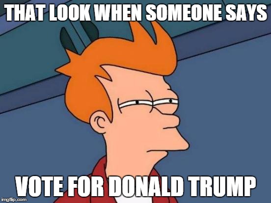 Futurama Fry | THAT LOOK WHEN SOMEONE SAYS; VOTE FOR DONALD TRUMP | image tagged in memes,futurama fry | made w/ Imgflip meme maker