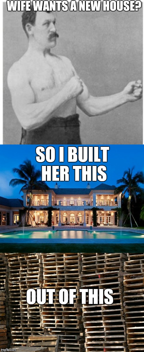 Old pallets are great for those waterfront palaces. | WIFE WANTS A NEW HOUSE? SO I BUILT HER THIS; OUT OF THIS | image tagged in overly manly man,house,wood | made w/ Imgflip meme maker