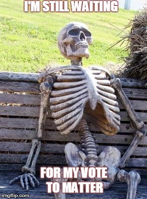 Waiting Skeleton | I'M STILL WAITING; FOR MY VOTE TO MATTER | image tagged in memes,waiting skeleton | made w/ Imgflip meme maker