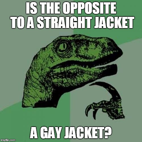 Philosoraptor Meme | IS THE OPPOSITE TO A STRAIGHT JACKET; A GAY JACKET? | image tagged in memes,philosoraptor,gay,straight | made w/ Imgflip meme maker