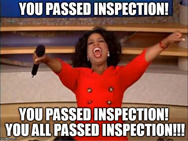 Oprah You Get A Meme | YOU PASSED INSPECTION! YOU PASSED INSPECTION! YOU ALL PASSED INSPECTION!!! | image tagged in memes,oprah you get a | made w/ Imgflip meme maker