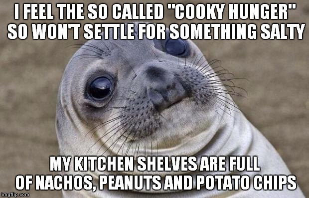 So yeah... | I FEEL THE SO CALLED "COOKY HUNGER" SO WON'T SETTLE FOR SOMETHING SALTY; MY KITCHEN SHELVES ARE FULL OF NACHOS, PEANUTS AND POTATO CHIPS | image tagged in memes,awkward moment sealion | made w/ Imgflip meme maker