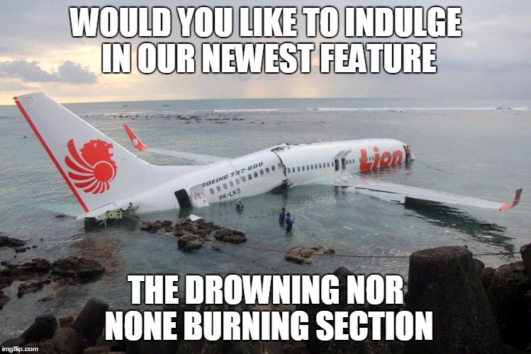 should of paid the extra  | WOULD YOU LIKE TO INDULGE IN OUR NEWEST FEATURE; THE DROWNING NOR NONE BURNING SECTION | image tagged in funny memes,planes,accidents,air port | made w/ Imgflip meme maker
