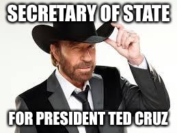 chuck norris | SECRETARY OF STATE; FOR PRESIDENT TED CRUZ | image tagged in chuck norris | made w/ Imgflip meme maker