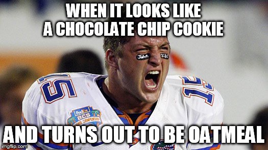 WHEN IT LOOKS LIKE A CHOCOLATE CHIP COOKIE; AND TURNS OUT TO BE OATMEAL | made w/ Imgflip meme maker