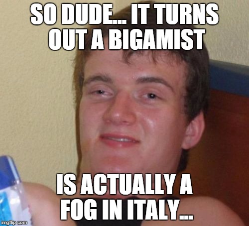 10 Guy Meme | SO DUDE... IT TURNS OUT A BIGAMIST; IS ACTUALLY A FOG IN ITALY... | image tagged in memes,10 guy | made w/ Imgflip meme maker