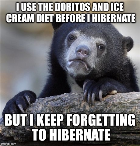 Confession Bear Meme | I USE THE DORITOS AND ICE CREAM DIET BEFORE I HIBERNATE BUT I KEEP FORGETTING TO HIBERNATE | image tagged in memes,confession bear | made w/ Imgflip meme maker