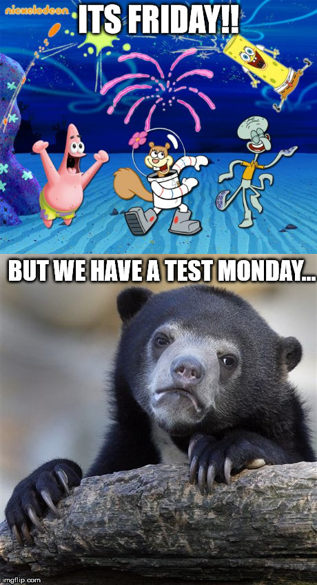 ITS FRIDAY!! BUT WE HAVE A TEST MONDAY... | image tagged in test,funny,memes,panda,confession bear,spongebob | made w/ Imgflip meme maker