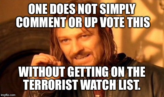 One Does Not Simply Meme | ONE DOES NOT SIMPLY COMMENT OR UP VOTE THIS WITHOUT GETTING ON THE TERRORIST WATCH LIST. | image tagged in memes,one does not simply | made w/ Imgflip meme maker