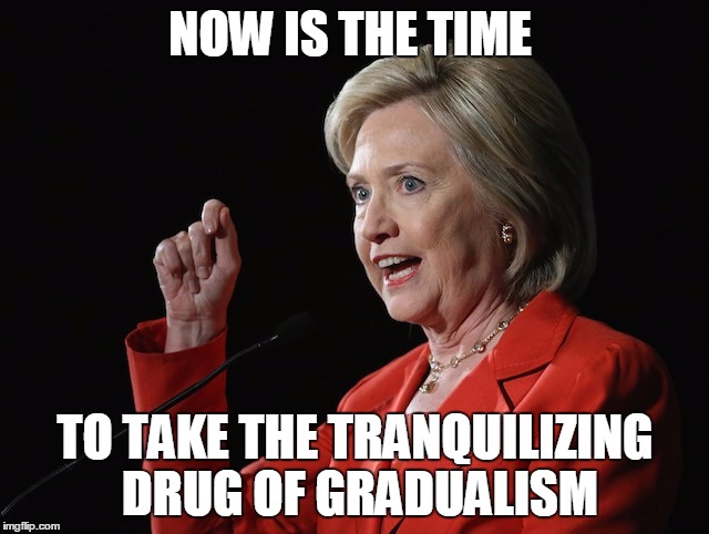 Hillary Clinton Logic  | NOW IS THE TIME; TO TAKE THE TRANQUILIZING DRUG OF GRADUALISM | image tagged in hillary clinton logic,mlk,feelthebern,trump,2016,election 2016 | made w/ Imgflip meme maker