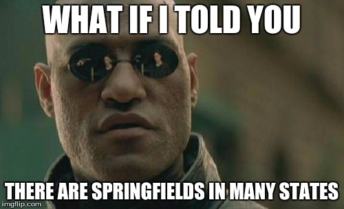 Matrix Morpheus Meme | WHAT IF I TOLD YOU THERE ARE SPRINGFIELDS IN MANY STATES | image tagged in memes,matrix morpheus | made w/ Imgflip meme maker