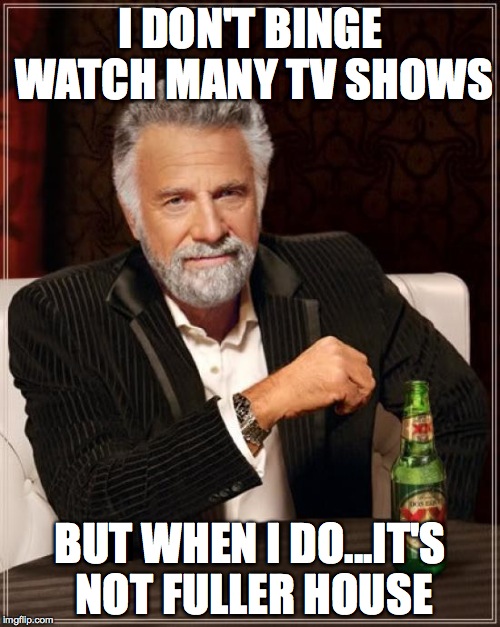 The Most Interesting Man In The World | I DON'T BINGE WATCH MANY TV SHOWS; BUT WHEN I DO...IT'S NOT FULLER HOUSE | image tagged in memes,the most interesting man in the world | made w/ Imgflip meme maker