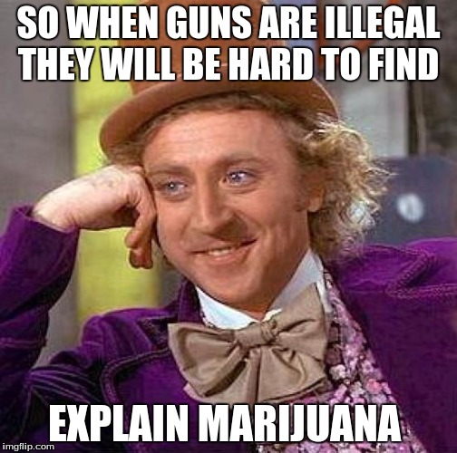 Creepy Condescending Wonka | SO WHEN GUNS ARE ILLEGAL THEY WILL BE HARD TO FIND; EXPLAIN MARIJUANA | image tagged in memes,creepy condescending wonka | made w/ Imgflip meme maker