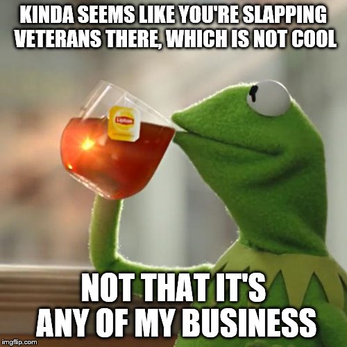But That's None Of My Business Meme | KINDA SEEMS LIKE YOU'RE SLAPPING VETERANS THERE, WHICH IS NOT COOL NOT THAT IT'S ANY OF MY BUSINESS | image tagged in memes,but thats none of my business,kermit the frog | made w/ Imgflip meme maker