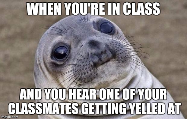 Awkward Moment Sealion | WHEN YOU'RE IN CLASS; AND YOU HEAR ONE OF YOUR CLASSMATES GETTING YELLED AT | image tagged in memes,awkward moment sealion | made w/ Imgflip meme maker