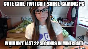 you should know where i got the inspiration for this lel | CUTE GIRL, TWITCH T SHIRT, GAMING PC; WOULDN'T LAST 22 SECONDS IN MINECRAFT | image tagged in gamer girl | made w/ Imgflip meme maker
