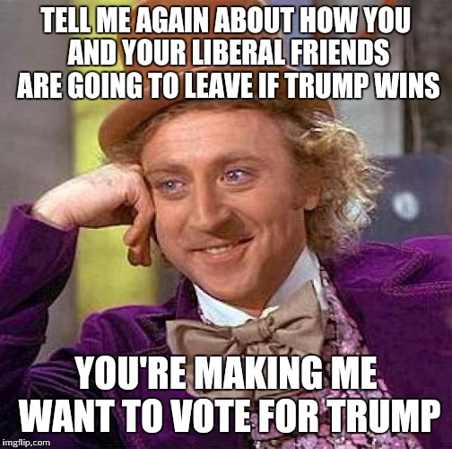 Unintended Consequences Wonka | TELL ME AGAIN ABOUT HOW YOU AND YOUR LIBERAL FRIENDS ARE GOING TO LEAVE IF TRUMP WINS; YOU'RE MAKING ME WANT TO VOTE FOR TRUMP | image tagged in memes,creepy condescending wonka | made w/ Imgflip meme maker