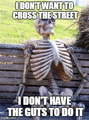 Waiting Skeleton Meme | I DON'T WANT TO CROSS THE STREET; I DON'T HAVE THE GUTS TO DO IT | image tagged in memes,waiting skeleton | made w/ Imgflip meme maker