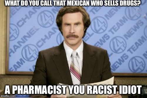 Ron Burgundy | WHAT DO YOU CALL THAT MEXICAN WHO SELLS DRUGS? A PHARMACIST YOU RACIST IDIOT | image tagged in memes,ron burgundy | made w/ Imgflip meme maker