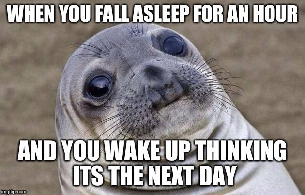 Awkward Moment Sealion | WHEN YOU FALL ASLEEP FOR AN HOUR; AND YOU WAKE UP THINKING ITS THE NEXT DAY | image tagged in memes,awkward moment sealion | made w/ Imgflip meme maker