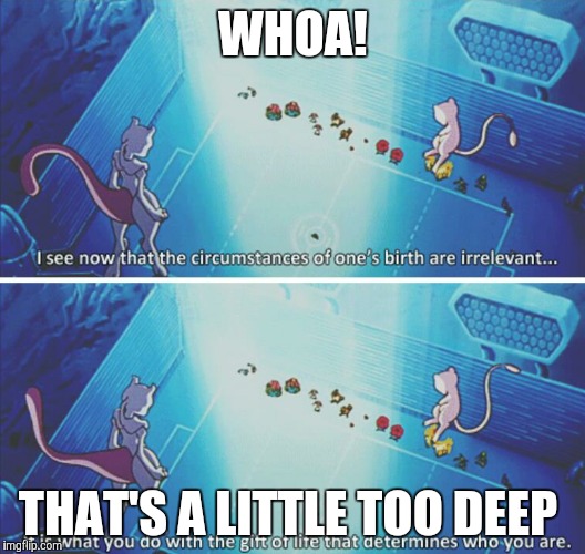 WHOA! THAT'S A LITTLE TOO DEEP | image tagged in mewtwo is deep | made w/ Imgflip meme maker