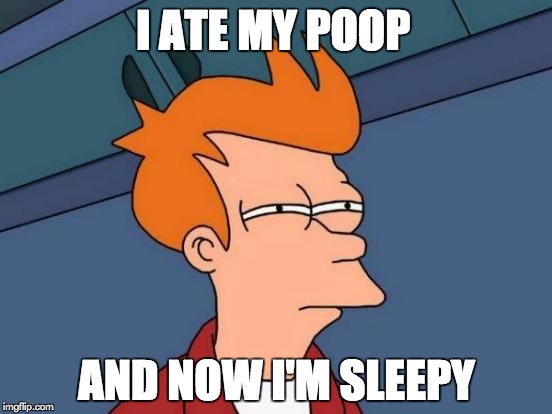 Futurama Fry | I ATE MY POOP; AND NOW I'M SLEEPY | image tagged in memes,futurama fry | made w/ Imgflip meme maker