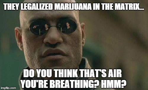 Matrix Morpheus Meme | THEY LEGALIZED MARIJUANA IN THE MATRIX... DO YOU THINK THAT'S AIR YOU'RE BREATHING? HMM? | image tagged in memes,matrix morpheus | made w/ Imgflip meme maker