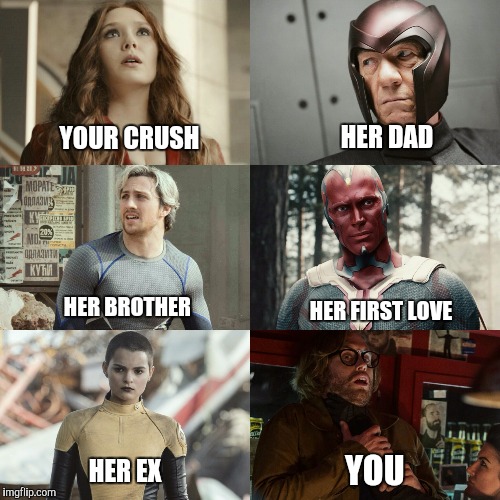No chance in hell | HER DAD; YOUR CRUSH; HER BROTHER; HER FIRST LOVE; YOU; HER EX | image tagged in marvel comics,scarlet witch,deadpool | made w/ Imgflip meme maker