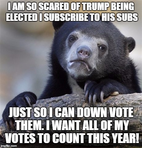 Confession Bear Meme | I AM SO SCARED OF TRUMP BEING ELECTED I SUBSCRIBE TO HIS SUBS; JUST SO I CAN DOWN VOTE THEM. I WANT ALL OF MY VOTES TO COUNT THIS YEAR! | image tagged in memes,confession bear,AdviceAnimals | made w/ Imgflip meme maker