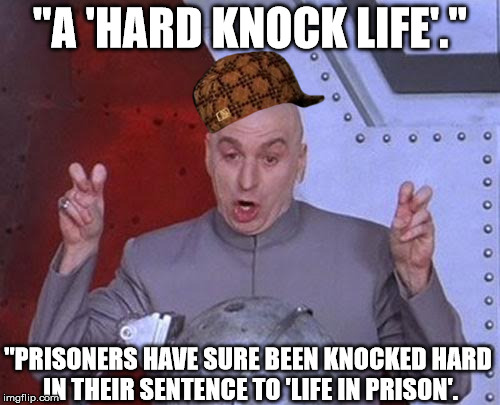 Dr Evil Laser Meme | "A 'HARD KNOCK LIFE'."; "PRISONERS HAVE SURE BEEN KNOCKED HARD IN THEIR SENTENCE TO 'LIFE IN PRISON'. | image tagged in memes,dr evil laser,scumbag | made w/ Imgflip meme maker